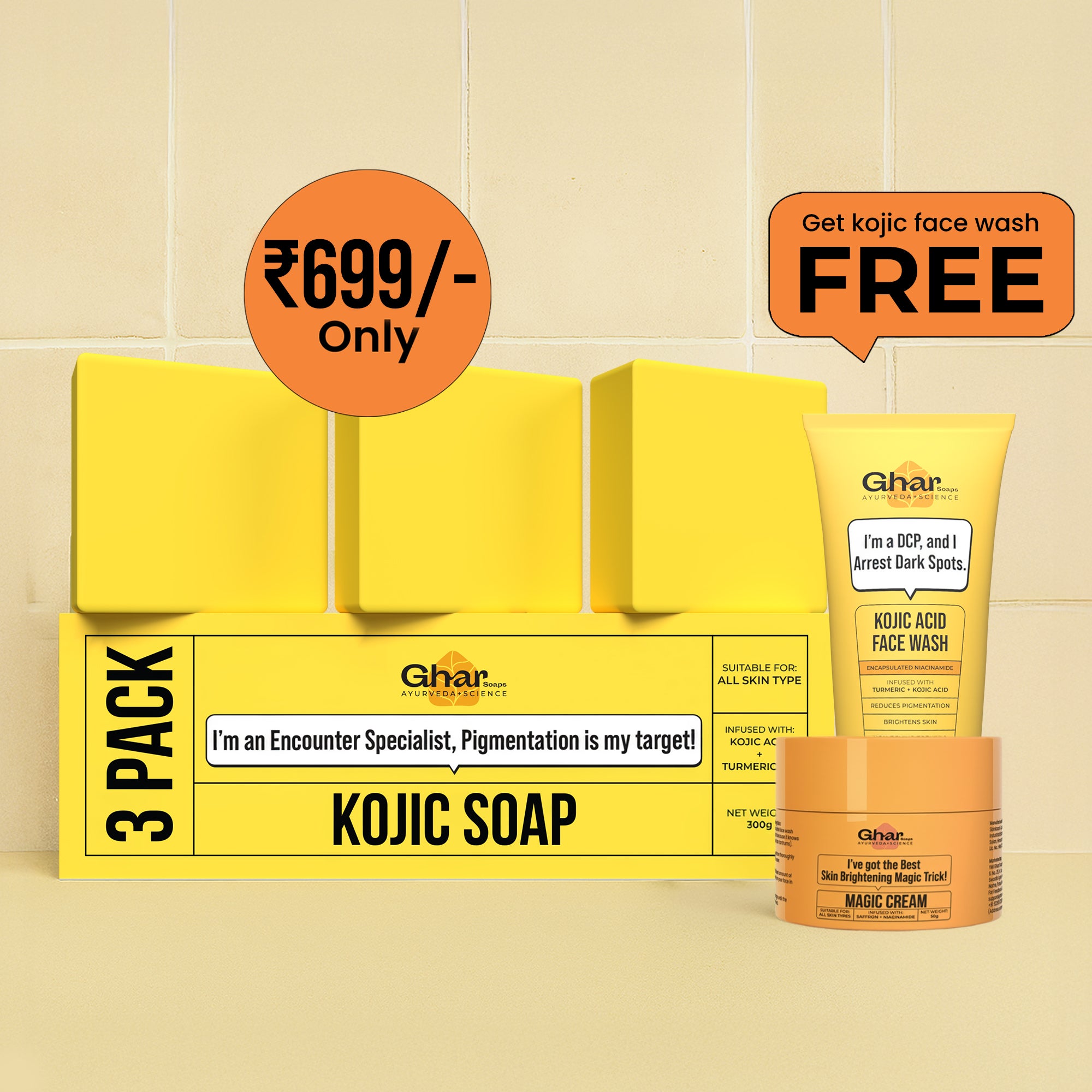 Kojic Face Wash + Kojic soap + Magic Cream + Sunscreen