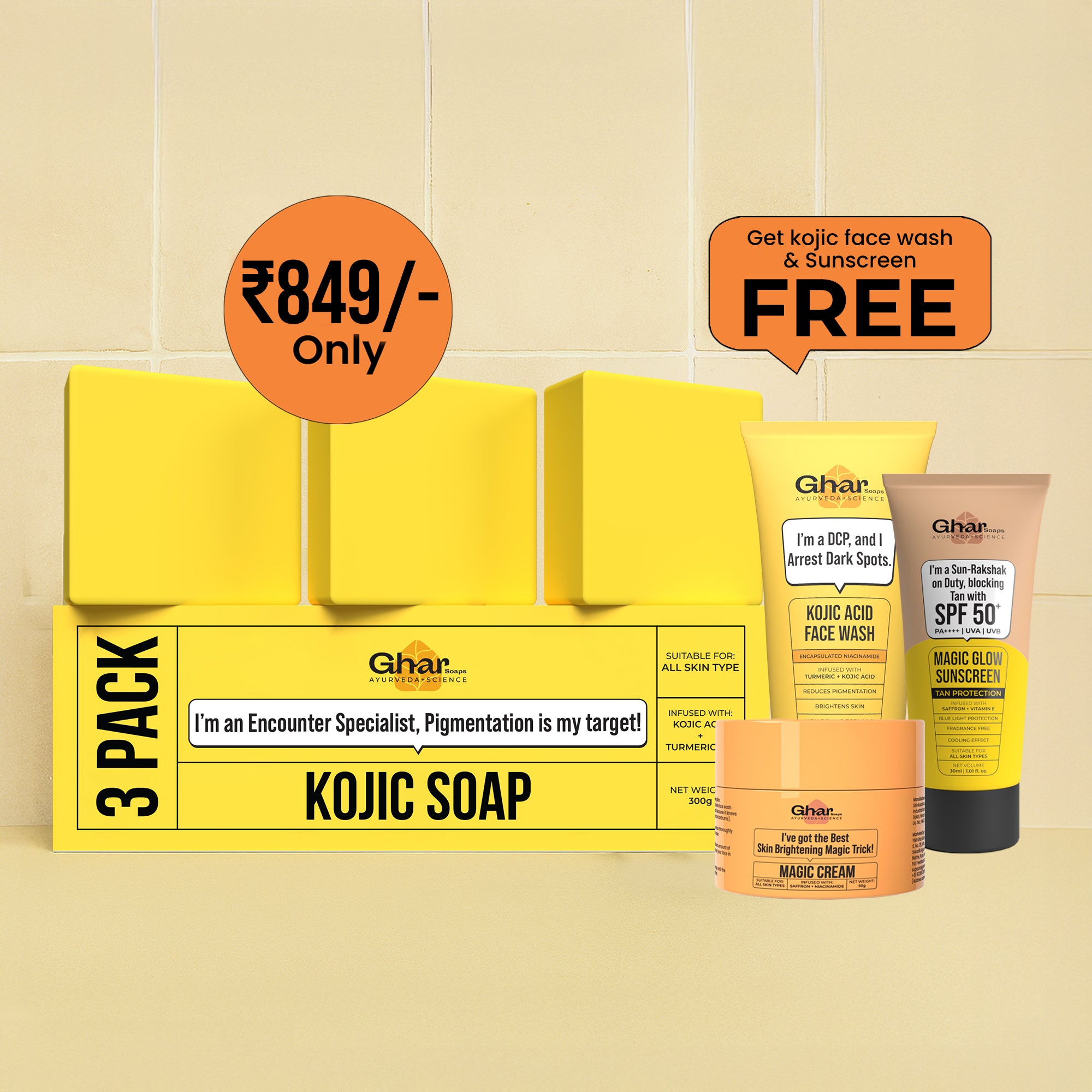 Kojic Face Wash + Kojic soap + Magic Cream + Sunscreen