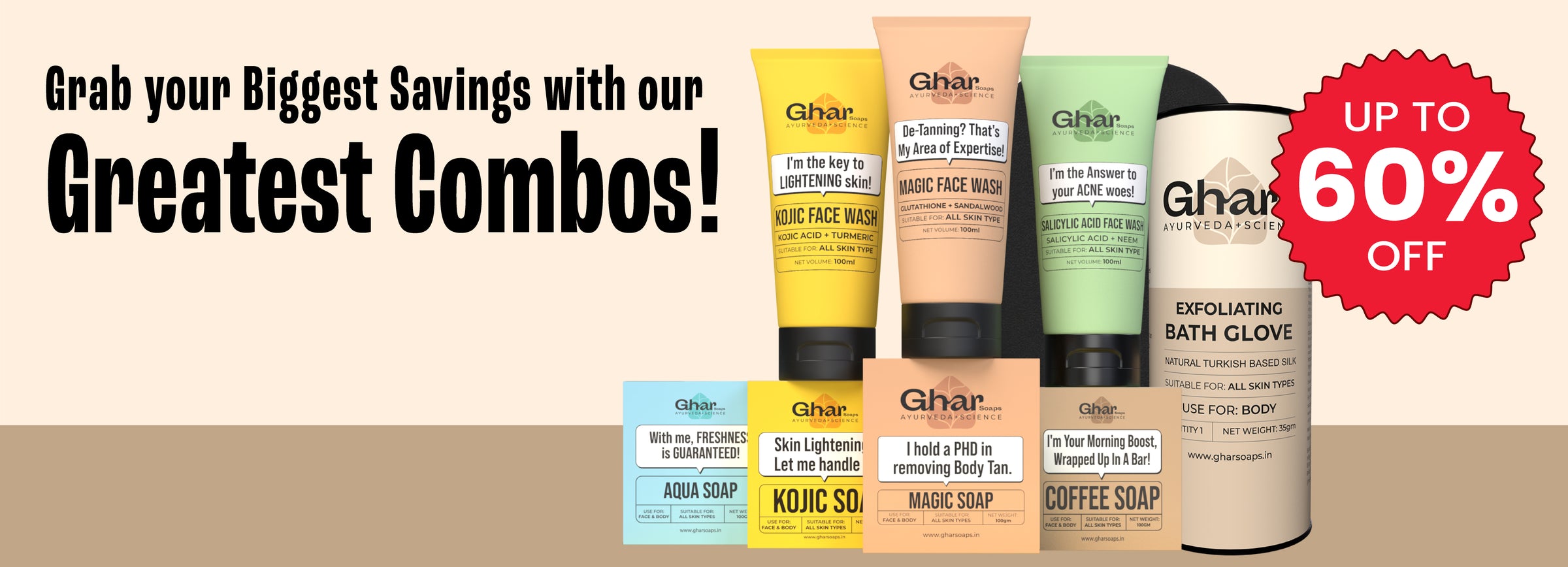 Gharsoaps combo offer banner with face washes, soaps, bath glove, and up to 60% off deal.