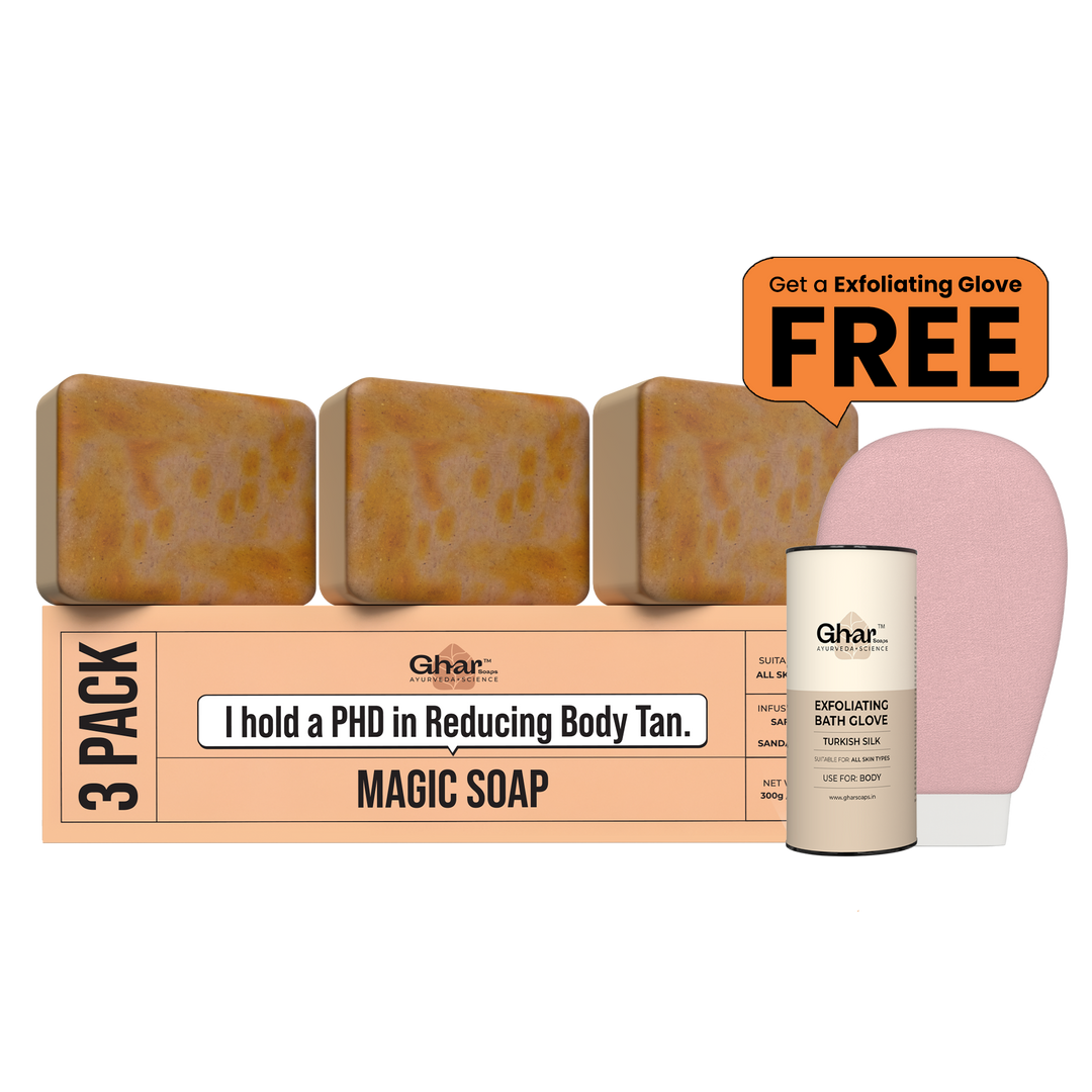 Free exfoliating Body Glove + Pack of 3 Magic Soap