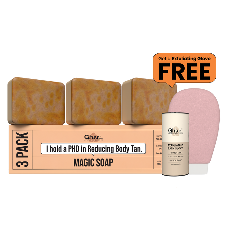 Free exfoliating Body Glove + Pack of 3 Magic Soap