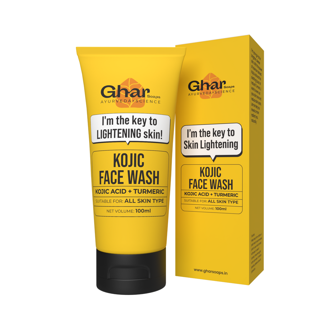 Ghar Soaps Kojic Face Wash with Kojic Acid and Turmeric for skin lightening, 100ml tube and box packaging.
