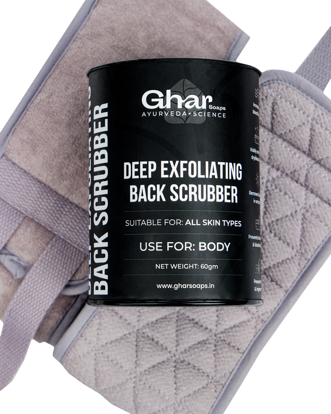 Ghar Soaps Deep Exfoliating Back Scrubber with textured strap, suitable for all skin types, 60g.