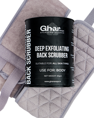 Ghar Soaps Deep Exfoliating Back Scrubber with textured strap, suitable for all skin types, 60g.