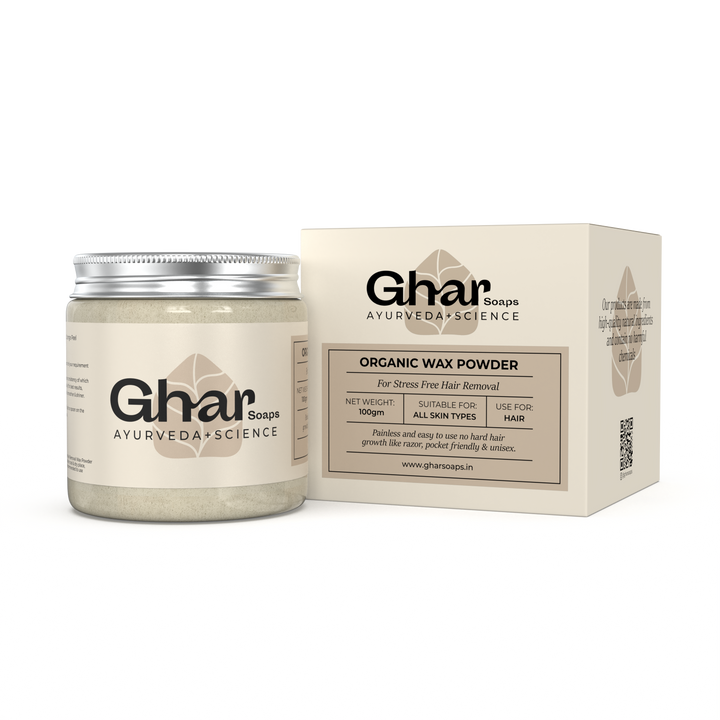 Ghar Soaps Organic Wax Powder for hair removal, 100g jar with box, suitable for all skin types.