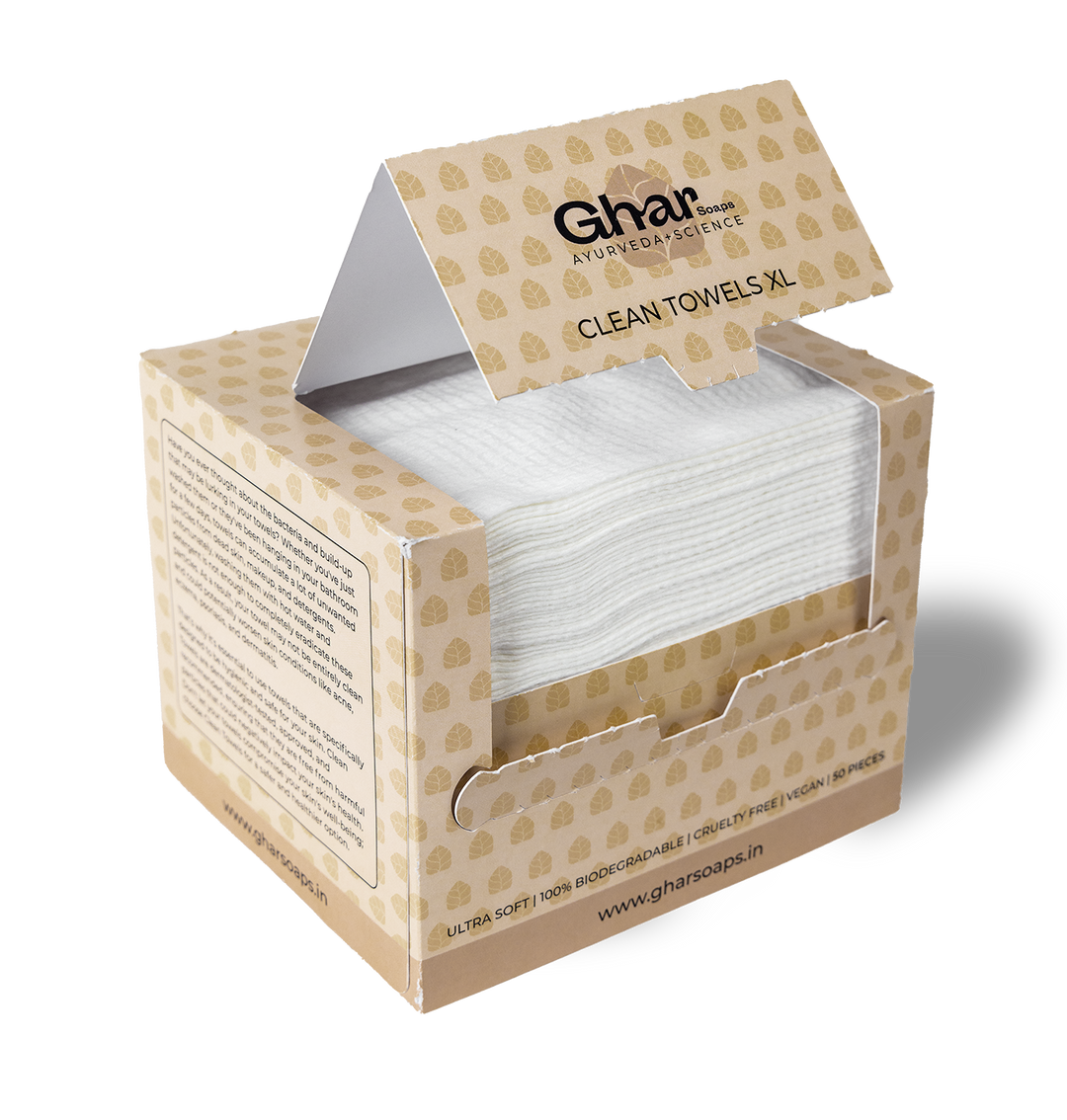 "Ghar Soaps Clean Towels XL in a cardboard dispenser box, 50 ultra-soft biodegradable pieces."
