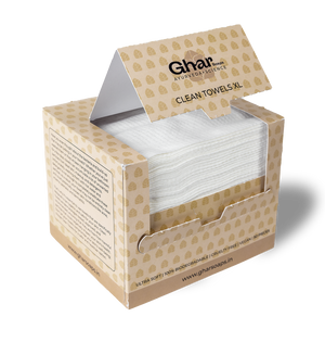 "Ghar Soaps Clean Towels XL in a cardboard dispenser box, 50 ultra-soft biodegradable pieces."
