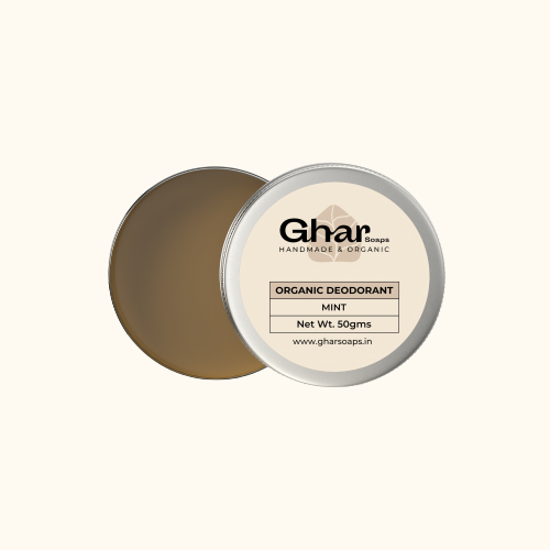 Ghar Soaps Organic Deodorant in Mint variant, 50g tin container with lid open.
